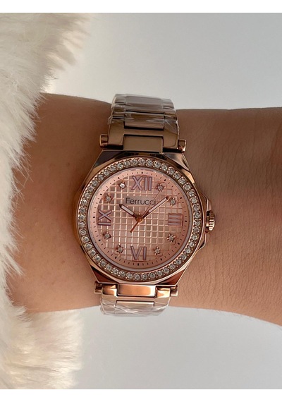 Ferrucci Fr55129 Zirkon Taşlı Şık Çelik Kordon Ve Kasa Kadın Kol Saati Bronz