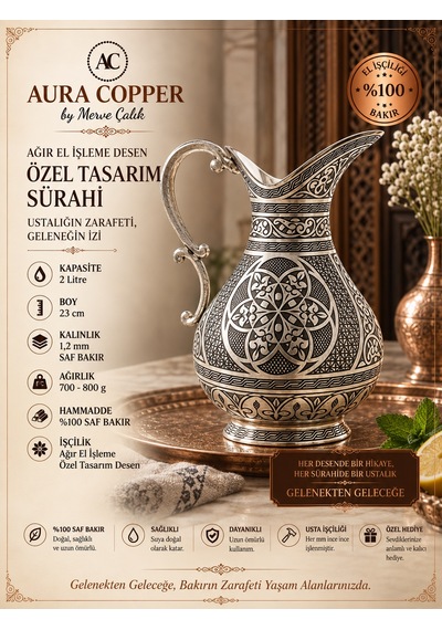 Bakır Sürahi 2 Litre İçi Kalaylı Geleneksel Dövme Ve El İşlemeli İbrik