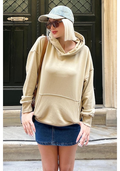 Bej Kapüşonlu Oversize Cepli Sweatshirt Mg2207