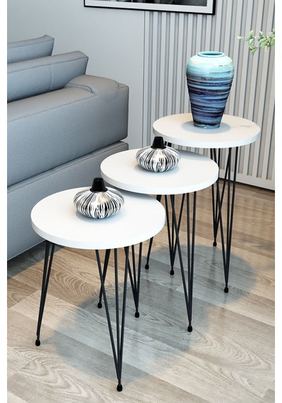 3'lü Zigon Sehpa Yuvarlak Model Zigon Sehpa Metal Tel Ayak Beyaz