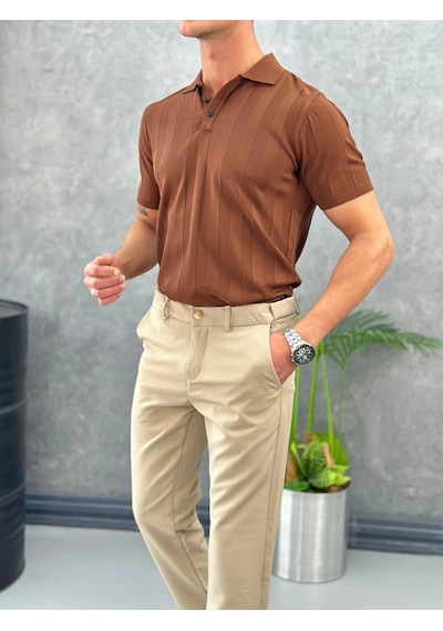 Modefendi Dikey Desenli Yakalı Tshirt Kiremit