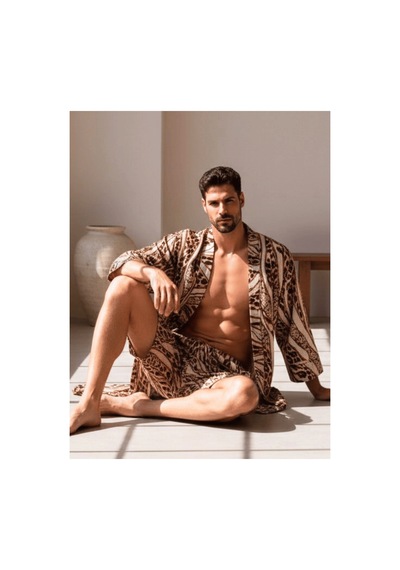 Qmen Style Erkek Kimono Takımı Leopar Desen 3 Lü Viskon Set Bornoz + Pantolon + Şort Bej