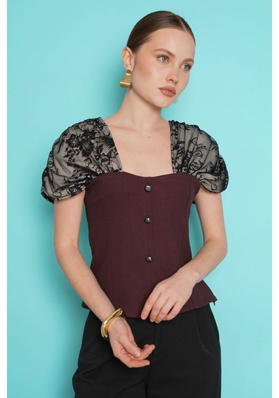 Verymoda Omuz Dantel Detaylı Kayık Yaka Bluz D2994 Kahve