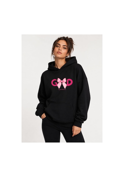 Herkesemoda Good Kurdele Baskılı Kapüşonlu 2 İplik Şardonlu Sweatshirt Siyah