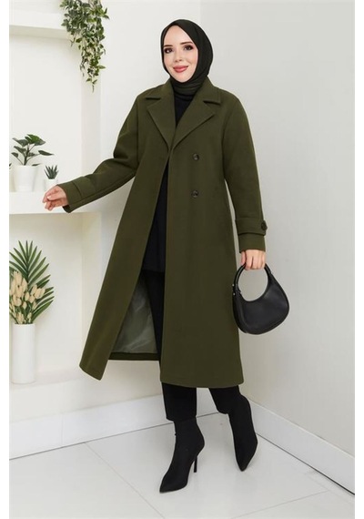 Neşeli Butik Kadın Düğme Detaylı Astarlı Midi Boy Kuşaklı Kaşe Kaban Nbft004 Haki