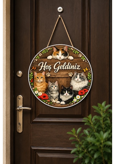 Kedi Temalı Hoş Geldiniz Kapı Süsü Ahşap Yuvarlak Kapı Dekoru