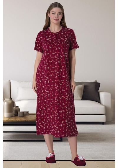 Mecit Pijama Mecit 6024 Bordo %100 Pamuk Büyük Beden Uzun Kollu Kadın Gecelik 001