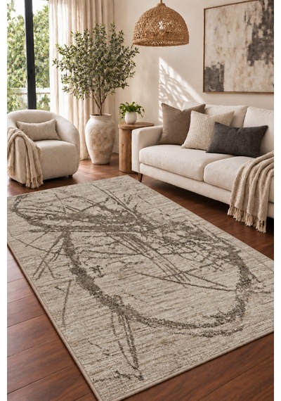 Vivanni Home Ashlynn Polyester Vintage Halı Pamuk Atkı Tabanlı Modern Dokuma Ev Halısı Bej Gri