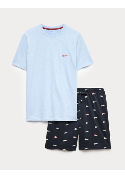 Marks & Spencer Desenli Pamuklu Pijama Takımı T07000079 Mavi Mix