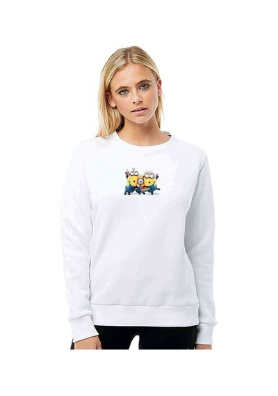 Minions Happy Birthday Baskılı Beyaz Kadın Sweatshirt