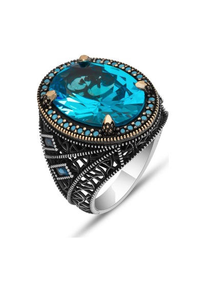 Alyans Evim Oval Aqua Mavi Taşlı 925 Gümüş Erkek Yüzük