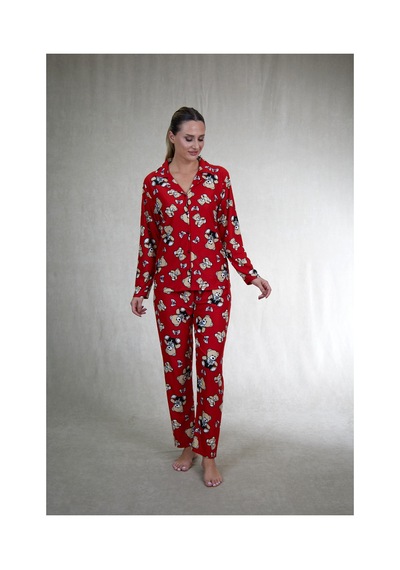 Estiva Kadın Ayıcık Desenli Önden Düğmeli Süet Pijama Takımı Kırmızı
