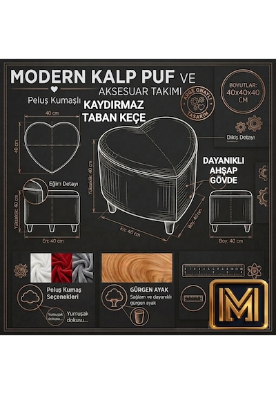 Kalp Puf 1 Peluş Kumaşlı Dekoratif Modern Oturma Pufu Yumuşak Dokulu Tabure Konforlu Şık Ve Rahat Tasarım Gürgen Ayaklı Kırmızı