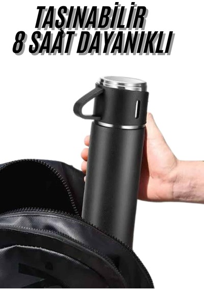 Termos Seti 3'lü Bardak Seti Isı Dayanıklı Siyah Paslanmaz Çelik Vakumlu - Lisinya Diğer