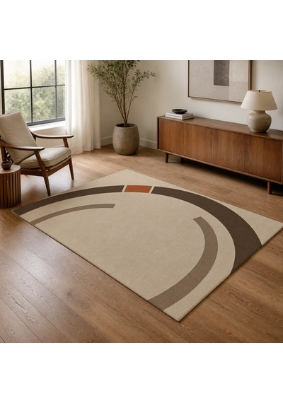 Kartela Halı Yörünge Daire Desenli Modern Halı Bej Kaymaz Taban Makinede Yıkanabilir 120x180 Cm