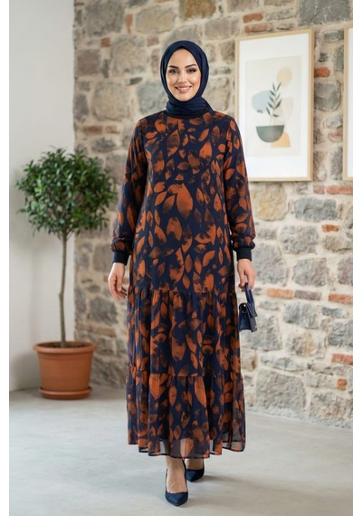 Hb Harma Time Butik Kadın İçi Şardonlu Turuncu Yaprak Desenli Şifon Elbise Hb Harma Time Butik Kadın İçi Şardonlu Turuncu Yaprak Desenli Şifon Elbise