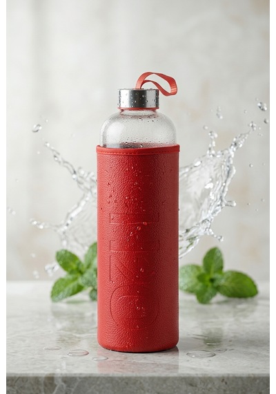H2o Sağlıklı Cam Matara 1000 Ml Su Şişesi, Deri Kılıflı 1 Lt Sporcu Suluğu Kırmızı