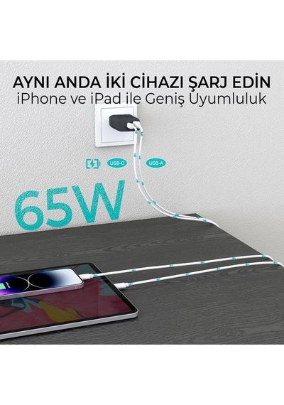 Ayrex Bx2p65g Gan Pd 65w Type-c Ve Usb-a Qc 18w Çift Portlu Akım Korumalı Hızlı Şarj Cihazı Siyah
