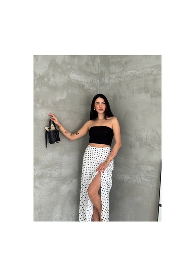 Gugus Kadın Puantiye Desenli Uzun Şifon Etek Astar 92 Cm Tam Boy 102cm Beyaz