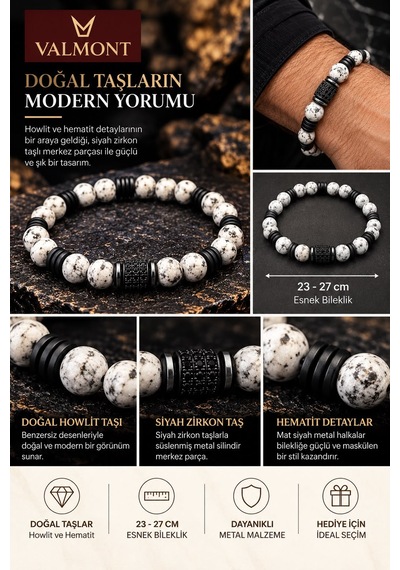 Valmont Doğal Howlit Taşlı Hematit Ve Siyah Zirkon Taşlı Erkek Esnek Bileklik Beyaz