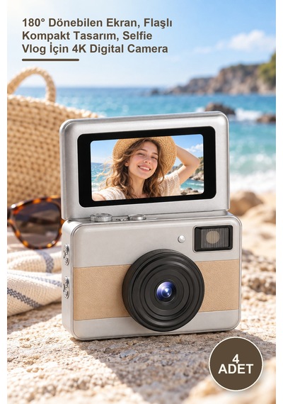 4 Adet Mini Dijital Retro Kamera 180 Dönebilen Ekran, Flaşlı Kompakt Tasarım, Selfie Vlog İçin 4k Digital Camera