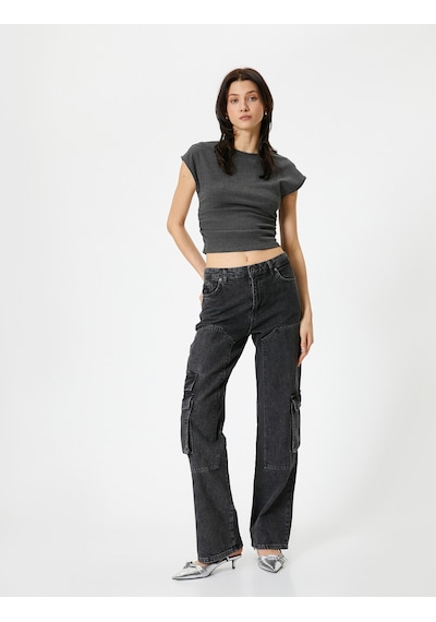 Koton Bürümcük Kumaş Dokulu Slim Fit Drapeli Kap Kol Bisiklet Yaka Tişört Antrasit 7wak50009ek