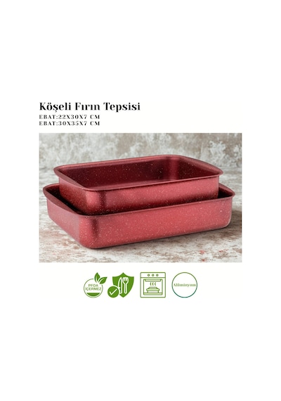 2li Granit Köşeli Tepsi Seti - Kırmızı Kırmızı