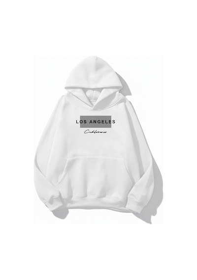 Uyguntarz Unisex Yumuşak Dokulu Los Angeles & California Baskılı Tasarım Oversize 3 İplik Hoodie Sweatshirt beyaz