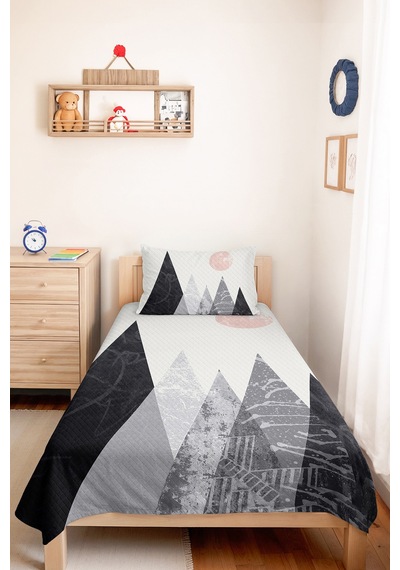 Gri Geometrik Modern Genç Odası Tek Kişilik Pike Takımı - Pudra Minimal 160x220 Cm Yatak Örtüsü Mumlu Köy Hissi