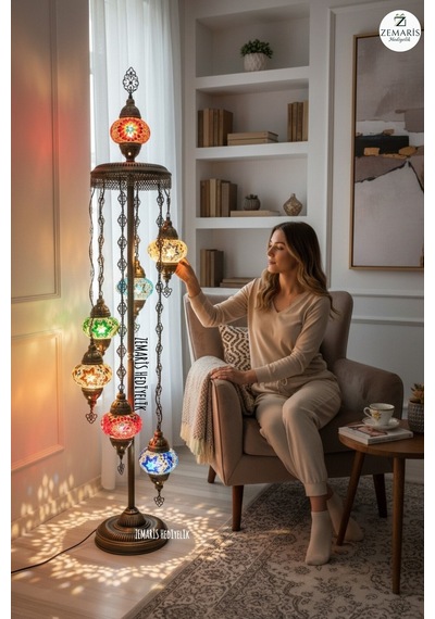 El Yapımı Otantik Mozaik Lambader 7 Li 6+1 Camlı Çok Renkli - 857622442 Diğer