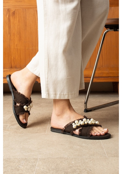 Dabab Shoes Mırella Kadın İncili Hasır Dokulu Acı Kahve Düz Şık Terlik Acı Kahverengi