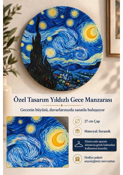 Dekoratif Duvar Tabağı - Yıldızlı Gece Manzarası Desenli - Dekorlu Seramik Tabak
