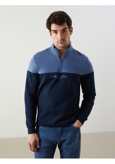 Lcwaıkıkı Classic Lacivert Dik Yaka Uzun Kollu Renk Bloklu Erkek Sweatshirt