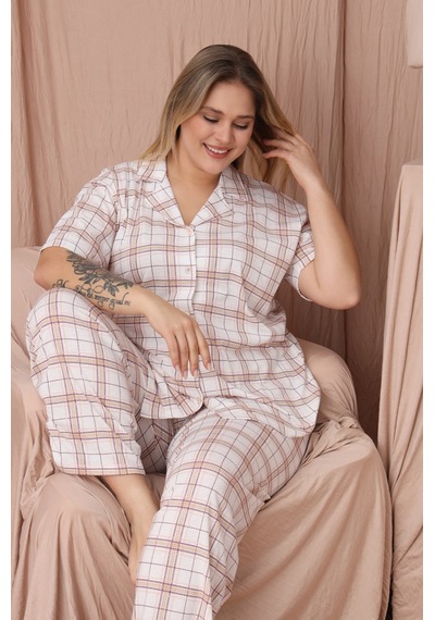 Wordex Mirano 4951 Kısa Kollu Süprem Kumaş Kareli Büyük Beden Düğmeli Kadın Pijama Takımı Beyaz Wordex Mirano 4951 Kısa Kollu Süprem Kumaş Kareli Büyük Beden Düğmeli Kadın Pijama Takımı Beyaz