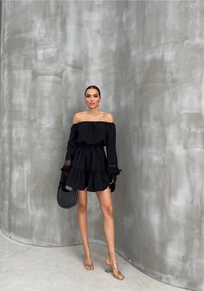 Fashion Cocktail Ekstra Uzun Kollu Çift Kat Dantel Işleme Madonna Yaka Düşük Omuz Kemerli Doğal Bohem Yazlık Elbise Siyah Fashion Cocktail Ekstra Uzun Kollu Çift Kat Dantel Işleme Madonna Yaka Düşük Omuz Kemerli Doğal Bohem Yazlık Elbise Siyah