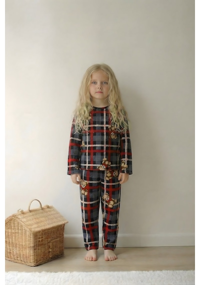Esila Kids Kız Çocuk Pijama Takımı Uzun Kollu Ayıcık Desenli Bordo