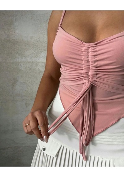 Önü Büzgülü Askılı Crop Pembe
