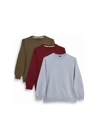 Tudors Erkek 3'lü Haki-bordo-gri Relax Fit Rahat Kesim %100 Pamuk 2 İplik Bisiklet Yaka Sweatshirt-42629 Çok Renkli