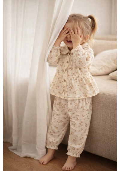 Babyhola Çiçek Desenli Müslin Kız Bebek Bayramlık Takım İkili Set 2013 Bej