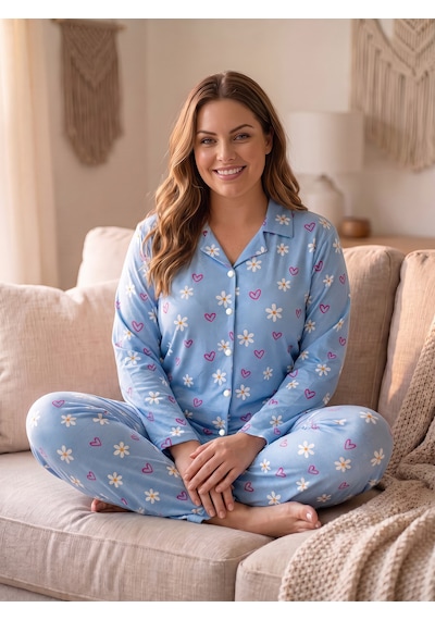 Seboteks Süet Kumaş Önden Düğmeli Büyük Beden Kadın Pijama Takımı 2800 Mavi