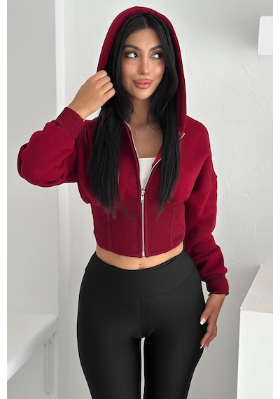 Kadın Siyah Fermuarlı Hoodie Minimal Sokak Ruhuyla Bordo