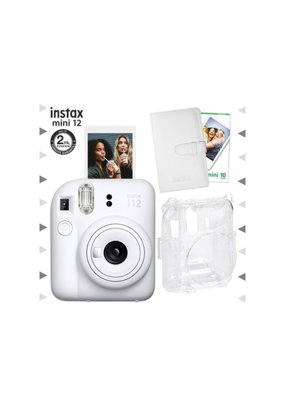 Fujifilm Instax Mini 12 Fotoğraf Makinesi + 10'lu Film + Laporta Albüm + Şeffaf Kılıf Seti Beyaz