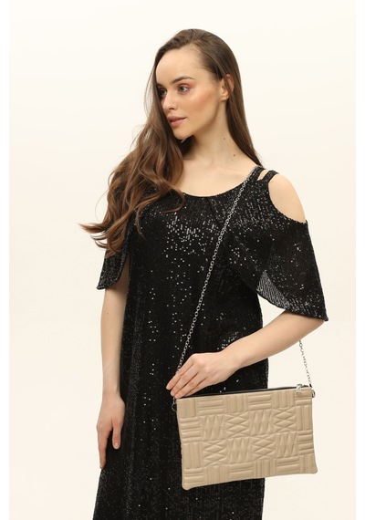 Morpelikan Bej Zigzag Clutch Kadın Portöy Çanta Bej