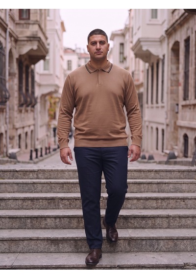 Maccali Erkek Camel Büyük Beden Gizli Fermuarlı Polo Yaka Triko Sweatshirt