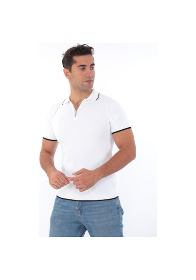 Monox Erkek Polo Yaka Fermuarlı Çizgili Spor Yazlık Triko Tişort Beyaz