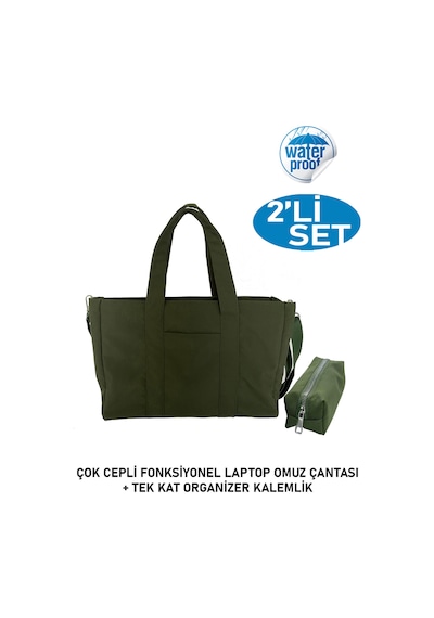 Tuttobene 2li Set Çok Gözlü Laptop Omuz Çantası Ve Kalemlik Organizatör Tek Gözlü Haki