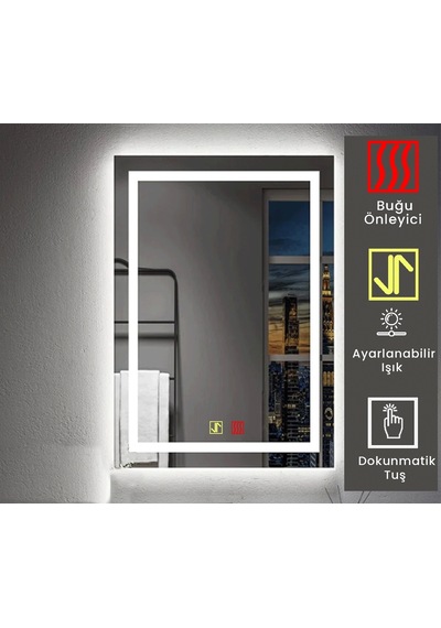 70x100 H Cm Buğu Çözücülü Dokunmatik Işıklı Kumlamalı Banyo Aynası Şeffaf