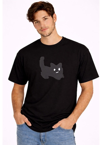Nevermind Unisex Oversize Tişört Kedi Baskılı Minimal Tasarım Pamuk Siyah