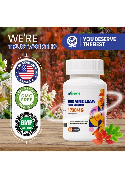 İngreens Red Vine Leaf Extract 1700mg & Horse Chestnut Extract Supports Vein Skin Health 60 Caps