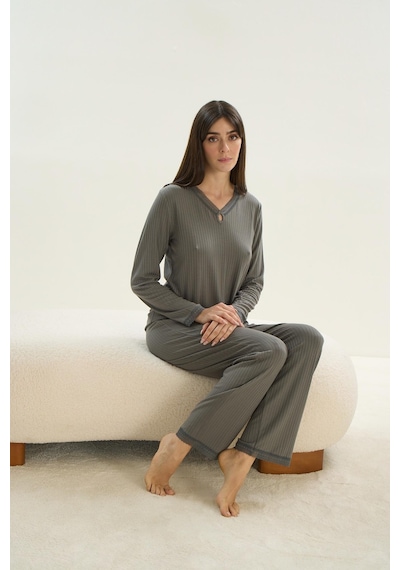 Sevim Kadın Uzun Kol Kaşkorse Haki Pijama Takım C7t7n1o61 001